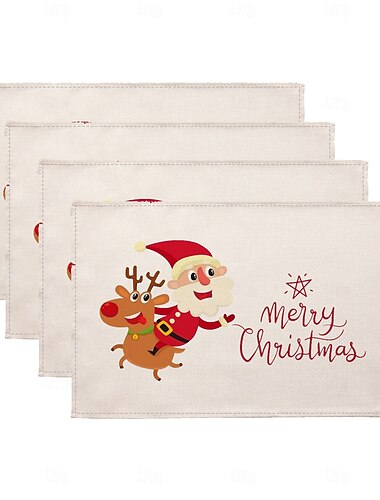  4 stk/sett merry christmas dekkebrikker – bomull og lin sesongmessige vinterjul bordmatter for utendørs innendørs hjemmefest kjøkken spisebordsdekor, 30x45 cm (12x18 tommer)
