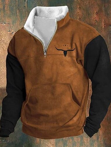  Homme Sweat shirt Sweat-shirt quart de fermeture éclair Noir Marron Demi fermeture éclair Bloc de couleur Vache Patchwork Poche Sport & Loisir du quotidien Vacances Rétro Vintage Décontractées