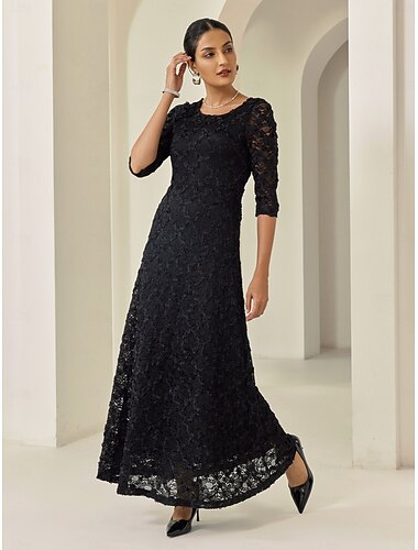  Dam Svart klänning Spetsklänning Liten Svart Svart 3/4 ärm Ensfärgat Spets Vår & Höst Många årstider Elegant party S M L