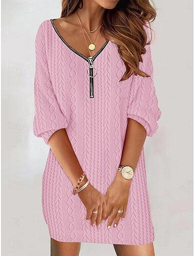  Robe unie Femme Mini robe Zippé Plein Air Rendez-vous Rétro Vintage Décontractées Col V manche longue Ample Noir Blanche Rose Claire S M L XL 2XL
