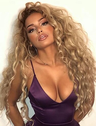  باروكة شعر مجعد طويل ومموج للنساء، بني مع خصلات، باروكة شعر مجعد مموج فضفاض بدون غراء، باروكة شعر صناعية مقاومة للحرارة للاستخدام اليومي في الحفلات