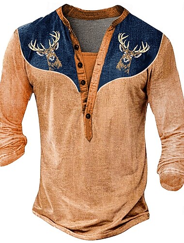  Herren Hirsch Henley Shirt Lange Ärmel 3D Druck täglich Ethnische Party Straßen Freizeit Winter Frühling  Herbst Blau Orange Grau Henley Henley T-Shirt