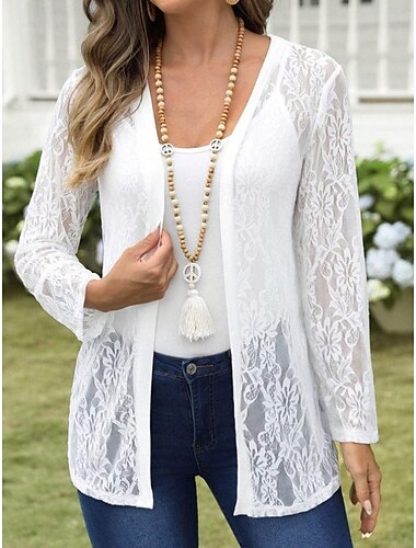  Mujer Chaqueta casual Exterior Encaje Color sólido Resistente al Viento Moda Holgado Ropa de calle Manga Larga Otoño Blanco S