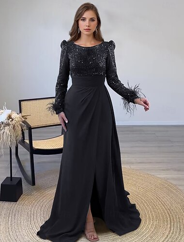  A-Linie Pailletten Abendkleid Elegantes Kleid Formelles Bodenlänge Lange Ärmel Illusionshals Champagner Mutter der Braut Kleid mit Feder Perlen Überrock Maskerade Kleid 2025