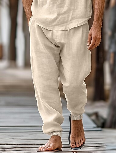  Voor heren Jogger Linnen broek Broek Zomerbroek Trekkoord Elastische taille Effen Comfort Ademend Buiten Dagelijks Uitgaan Modieus Streetwear Donker kaki Wit Micro-elastisch