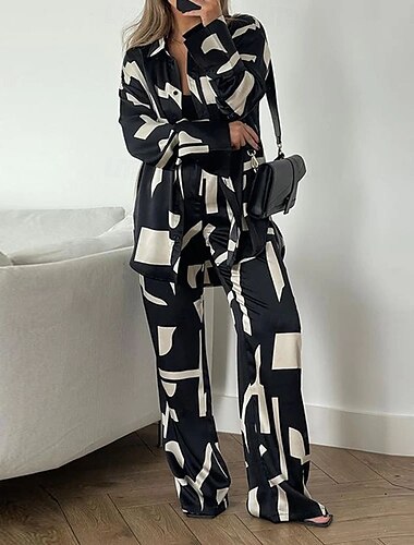  damset tryck avslappnad komfort dagligen andas lapel långärmad skjorta byxknappar vår höst hem outfits