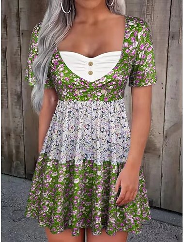  Damen Strickkleid mit kleinem Blumenmuster und Knopfleiste, Rundhalsausschnitt, Minikleid, stilvolles Date, kurze Ärmel, Sommer