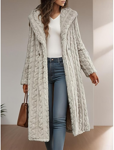  Mujer Abrigo de invierno Calle Ropa Cotidiana Noche Otoño Invierno Largo Abrigo Holgado Mantiene abrigado Transpirable Contemporáneo Elegante Casual Chaquetas Manga Larga Color sólido Punto Gris claro