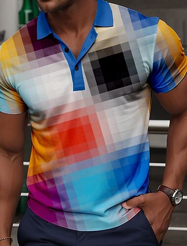  Men's Plaid Golf Shirt Short Sleeve Polo Shirts Collared Shirts Vintage Casual Vacation Wear Formal Wear Festival Wear Buttons 3D Print Summer Black Blue Orange