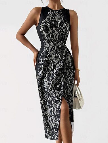  Femme robe noire Robe Droite Dentelle Cuisse fendue Col Ras du Cou Sans Manches Robe mi-longue robe demoiselle d honneur Soirée Cocktail Elégant Noir Eté