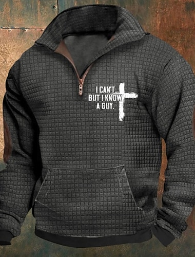 Homme Sweat-shirt Sweat-shirt gaufré Sweat-shirt quart de fermeture éclair Bleu Roi Gris foncé Demi-zip Lettre Imprimé A côtes Texturé Sport & Loisir Quotidien Fête Polyester Streetwear Basique