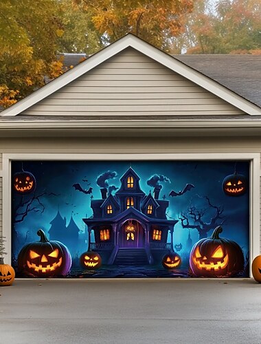  Halloween-Türdekorationen für draußen, Halloween-Garagentorabdeckung, Kürbisse, Totenkopf-Banner, Skelett für draußen, große Hintergrunddekoration für den Urlaub, Garagentor für draußen,