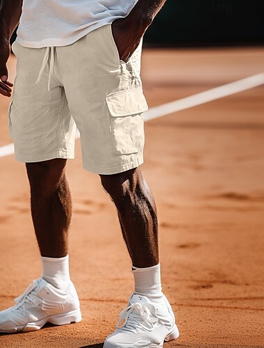  Hombre Pantalón corto Pantalones cortos de lino Pantalones cortos de verano Pantalones cortos de playa Correa Cintura elástica Multi bolsillo Plano Longitud de la rodilla Exterior Playa Hawaiano