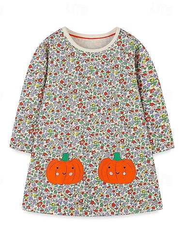  Girls ' 3D Dýně Květiny Šaty Dlouhý rukáv Jaro Podzim Denní Dovolená Plážové Princeznovské Krásná Sladký Malé děti (4-7ys) 4-7 let Volnočasové šaty Délka ke kolenům 100% bavlna Běžný