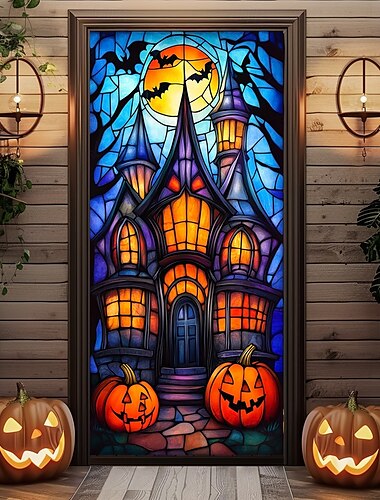  Halloween-Türdekorationen, Halloween-Türabdeckungen, Jack-o-Laterne, Kürbis-Türteppich, Türvorhang, Dekoration, Hintergrund, Türbanner für die Haustür, Bauernhaus, Urlaubsparty, Innen- und