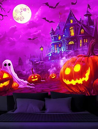  halloween dekorace blacklight gobelín uv reaktivní záře ve tmě záře party strašidelný dům psychedelický trippy mlhavý závěsný gobelín nástěnná malba do obývacího pokoje ložnice duch dýně