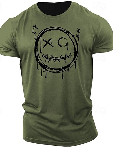  Herr Rolig Le ansikte T-shirt T-tröja 100 % bomull Kortärmad Grafisk Skjorta Armégrön Bekväm t-shirt Gata Utomhussport Modedesignerkläder