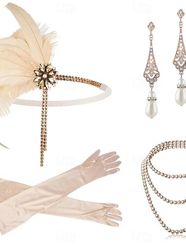  Vintage 1920er Der große Gatsby Flapper-Stirnband Zubehörset Halskette Ohrringe Charleston Hochzeitsgast Feder Mode Damen Maskerade Hochzeitsempfang Junggesellinnenabschiedsparty Festival Erwachsene