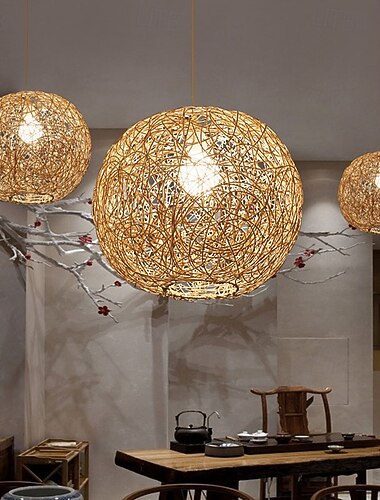  Lámpara colgante esférica tejida de bambú, lámpara colgante de ratán empotrada, pantalla de bambú, lámpara de araña de ratán natural, accesorio de iluminación decorativo para sala de estar y estudio