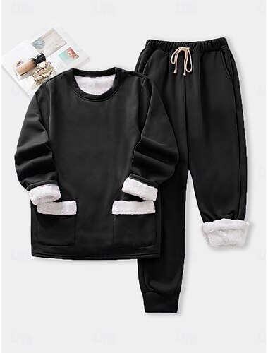  Damen 2-teiliges tägliches Sweatshirt und Fleece-Hosen langärmliges Crew-Neck einfarbig lässig schwarz dunkelrosa blau Herbst reguläre Passform