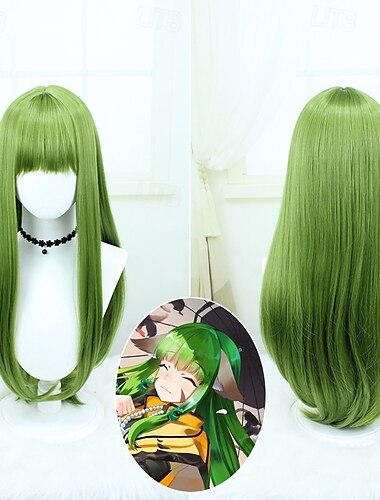  Peluca de cosplay de anime: cabello largo y liso de color verde hierba de 23,62 pulgadas, resistente al calor