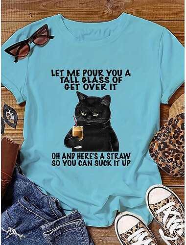  Damen T Shirt Katze Buchstabe Brautkleider schlicht Kurzarm Rundhalsausschnitt Normale Oberteile Täglich Bedruckt Weiß Blau cremefarben Sommer