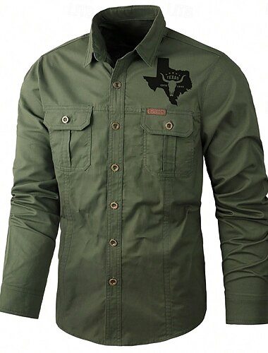  Herren Texas Kuh-Druck Hemd Westernhemd Cargo-Shirt Langarm Brautkleider schlicht Taktisch Sport & Natur Ausgehen Winter Frühling & Herbst Umlegekragen Bedruckt Schwarz Armeegrün Khaki Beige