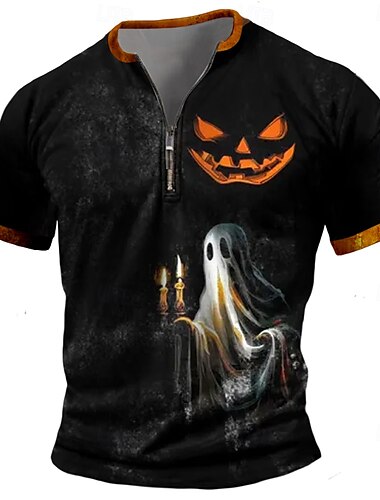  Zucca BOO Retrò vintage Per uomo Stampa 3D maglietta Strada Informale Giornaliero Halloween maglietta Nero Manica corta mezza cerniera Camicia Estate Primavera Abbigliamento S M L XL XXL XXXL