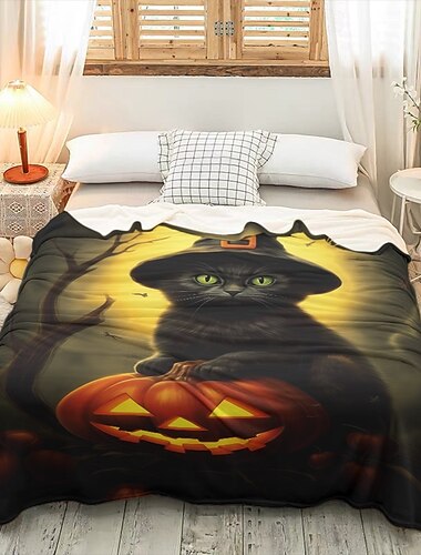  cobertor de gato para decoração de halloween - lã macia e aconchegante com design de gato assustador - perfeito para decoração de halloween ou para se aconchegar - tecido durável e de alta qualidade