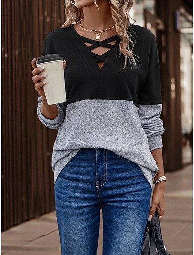  Damen T Shirt Farbblock Modisch Langarm V Ausschnitt Normale Oberteile Wochenende Bedruckt Weiß Braun Grün Grau Frühling & Herbst
