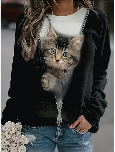  Camiseta de mujer suéter casual gato calle cuello redondo impresión de manga larga negra invierno primavera y otoño