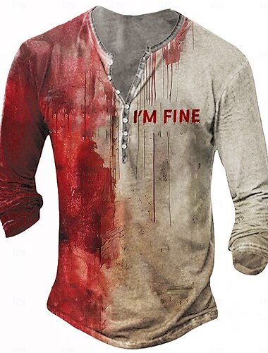  Voor heren Halloween Bloedvlekken T-shirt Henley-shirt Lange mouw 3D-afdrukken Ontwerper Retro vintage Straat Casual Dagelijks Zomer Lente Herfst Grijs Henley Henley-T-shirt
