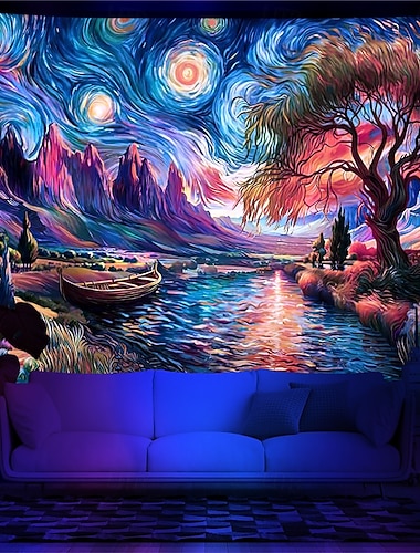  gobelin z czarnym światłem UV reaktywny świecący w ciemności świecąca impreza rozgwieżdżone niebo psychodeliczny trippy mglisty krajobraz natury wiszący gobelin sztuka ścienna mural do salonu sypialni