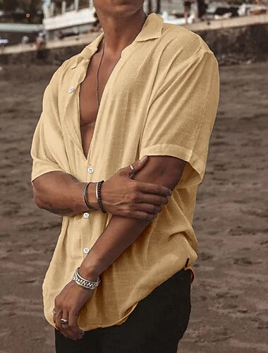  Herren Sommerhemd Strandbekleidung Knopfhemd Glatt Urlaub Curise Weiß Blau Khaki Grau Kurzarm Umlegekragen Sommer Bekleidung