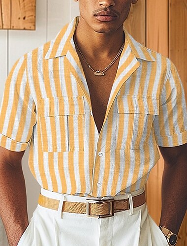  Voor heren Overhemd Linnen overhemd Zomer overhemd Strand hemd Hawaiiaans overhemd Gestreept Vakantie Straat Zwart Geel blauw Korte mouw Omgeslagen kraag Lente zomer Kleding Zak