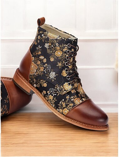  Damen-Stiefeletten mit Blumenmuster und Schnürung – Stiefel aus Retro-Kunstleder und Jacquardstoff für die Freizeit im Herbst und Winter