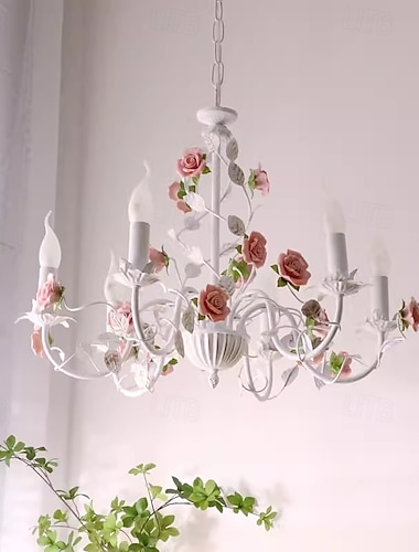  Lampe suspendue à LED 3/6/8 lumières de style nordique en fer forgé rose Lustre en métal pastoral Spoutnik Éclairage de style bougie E14 Salon Chambre 110-240 V