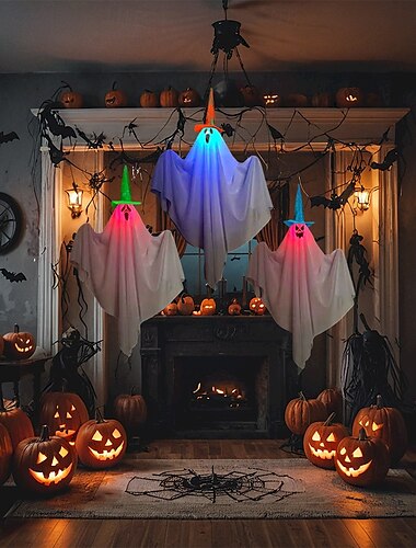  3 Stück Halloween-Dekorationen, beleuchtete weiße Geister-LED-Leuchten, hängende beleuchtete Geister-Horror-Dekoration, Türbehang, Spukhaus, Halloween-Party, Szenenlayout, Requisiten