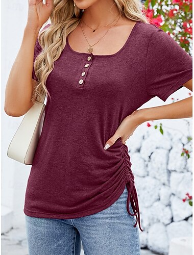  Damen T Shirt Glatt Modisch Modern Brautkleider schlicht Kurzarm Quadratischer Ausschnitt Normale Oberteile Täglich Wochenende Knopf Schwarz Rosa Wein Sommer