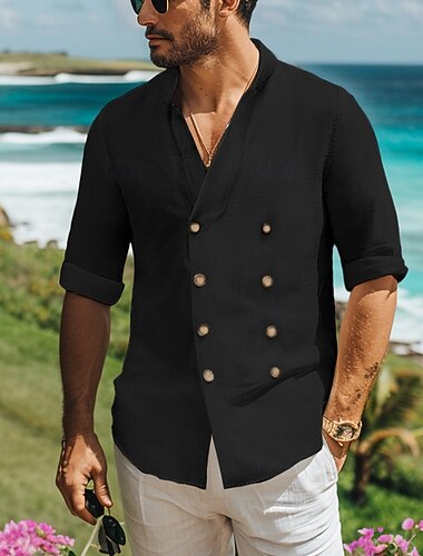  Hombre Camisa camisa de lino Camisa con cuello mao Camisa de verano Ropa de playa Abotonar la camisa Plano Vacaciones Maldición Negro Blanco Azul Piscina Manga Larga Cuello alto Primavera verano Ropa