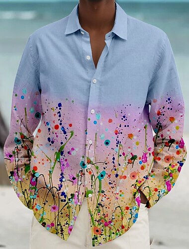  Herren Blumen Strandhemd Knopfhemd Langarm Hawaiianisch Brautkleider schlicht Urlaub Täglich Herbst Frühling Sommer Hemden mit Kragen 3D-Druck Rosa Blau Purpur