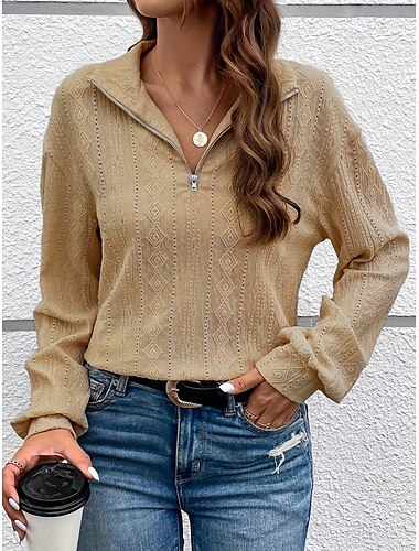  Damen Pullover elegant Vintage Mode schlicht Arbeit Alltagskleidung lässig V-Ausschnitt Reißverschluss lockere Passform Langarm Khaki Frühling Herbst