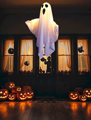  1 Stück Halloween-Dekoration: beleuchtetes Geister-Hängelicht für die Veranda, verstellbare Arme für Glasfenster, Baumdeko für drinnen und draußen – dekoratives Licht für festliche Atmosphäre mit 3 Beleuchtungsmodi (weiß und orange)