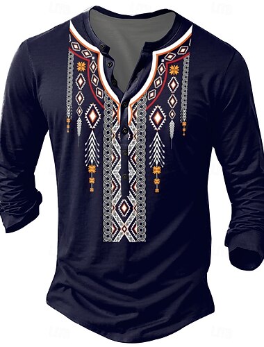  Ανδρικά Boho Paisley Damask Μπλουζάκι Μακρυμάνικο 3D εκτύπωση Βίντατζ Καθημερινά Καλοκαίρι Άνοιξη Φθινόπωρο Θαλασσί Henley Collar Μπλουζάκι Henley