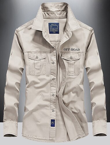  Herren Hemd Arbeitshemden Knopfhemd Cargo-Shirt Kaki Armeegrün Dunkelblau Beige Langarm Glatt Kargen Urlaub Festtage Tasche Bekleidung Modisch Brautkleider schlicht Komfortabel