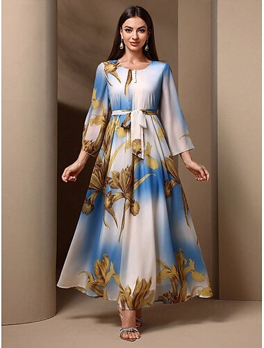  Damen Langes Kleid Maxikleid Vintage-Kleid Cocktailkleid Kleid für Hochzeitsgäste Chiffonkleid Boho Täglich Ferien Lässiger Schnitt Grafik Langarm Rundhalsausschnitt Blau Frühling Herbst