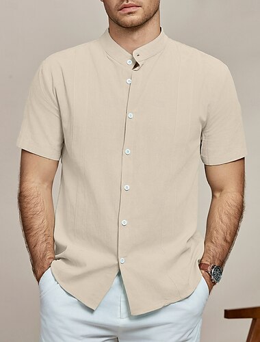 Herren Hemd leinenhemd Guayabera Hemd Hemd mit Stehkragen Sommerhemd Strandbekleidung Glatt Casual Täglich Schwarz Weiß Blau Grün Kurzarm Kragen Sommer Bekleidung