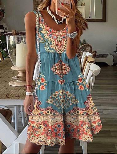  Dames Mini Jurk Petite Jurk Zomerkleed Shift Jurk Tank Jurk Actieve Tropische Mode Buiten Vakantie Uitgaan Regulair Fit Bloemen Mouwloos U-Hals Roze Blauw Oranje Zomer Lente