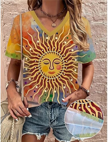  Damen T Shirt Graphic Böhmen Vintage Kurzarm V Ausschnitt Normale Oberteile Urlaub Täglich Bedruckt Gelb Sommer