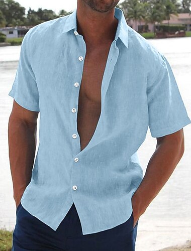  Voor heren Linnen overhemd Zomer overhemd Strand Kleding Overhemd met knopen Overhemden zonder broek Effen Kleur Vakantie Curise Zwart Wit Roze blauw Korte mouw Strijkijzer Zomer Kleding Button-omlaag